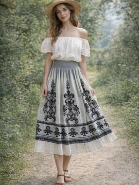 Lapis Anthropologie Grey Floral Boho Cottagecore Dress Skirt Smocked. One Size